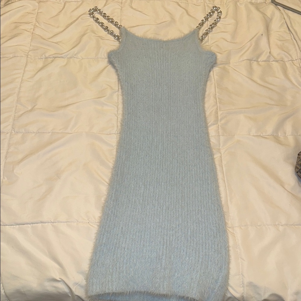 Light Blue Fuzzy Knit Dress with Chain Straps